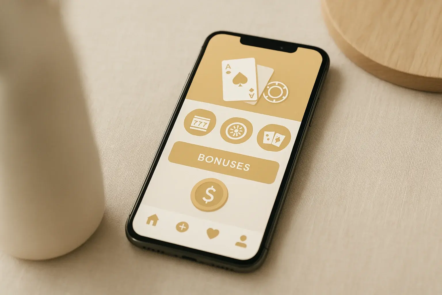Modern smartphone displaying sleek casino app interface on white background