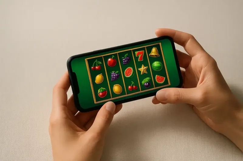 Woman's hands holding smartphone with bright casino game over cream linen