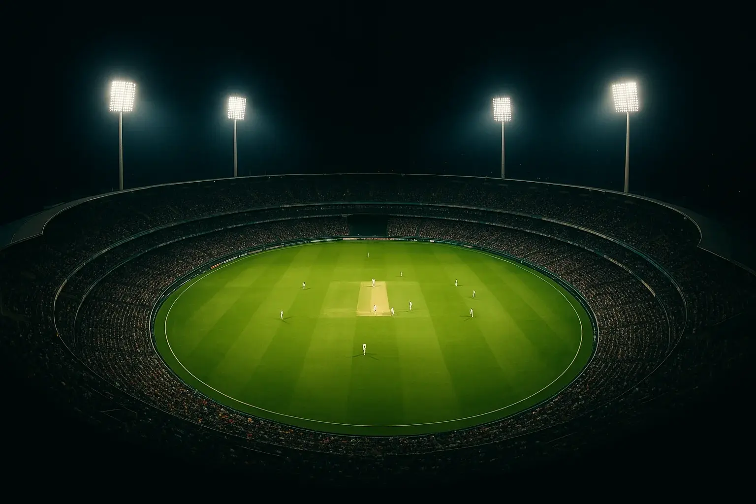 Aerial view of cricket stadium at night with bright floodlights