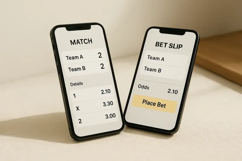 Two smartphones showing match dashboard and bet slip on cream surface