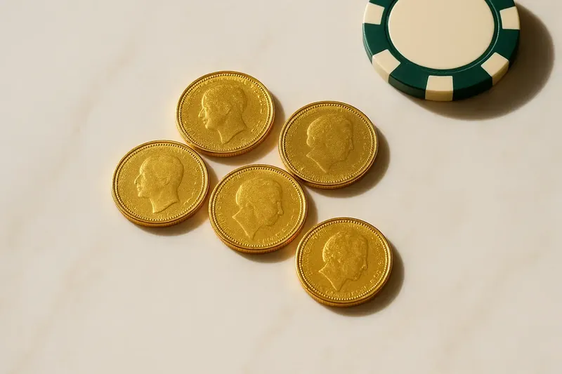 Five gold coins on cream marble with poker chip edge