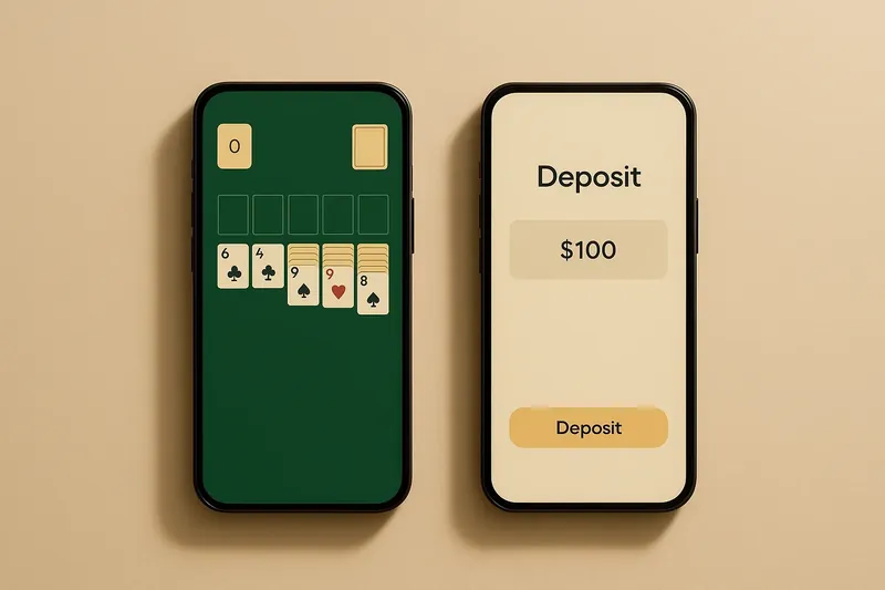 Two smartphones on cream background showing game grid and deposit screen