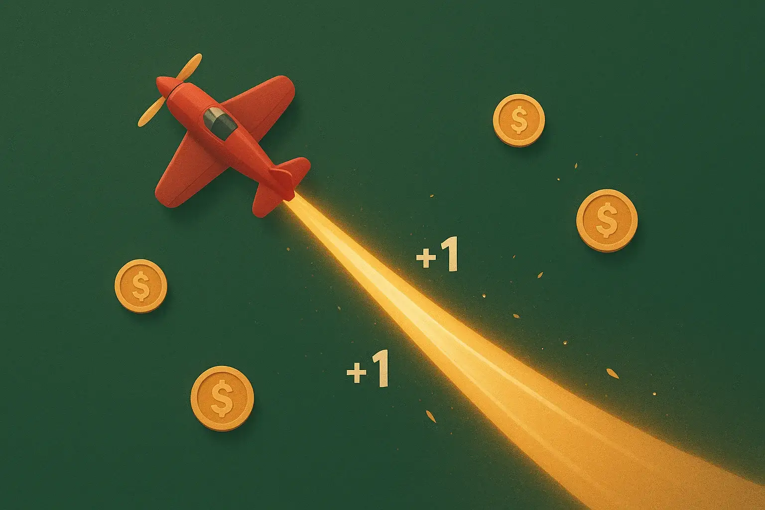 Aviator Crash Scene Red airplane climbing with glowing multiplier trail, coins, and sparks