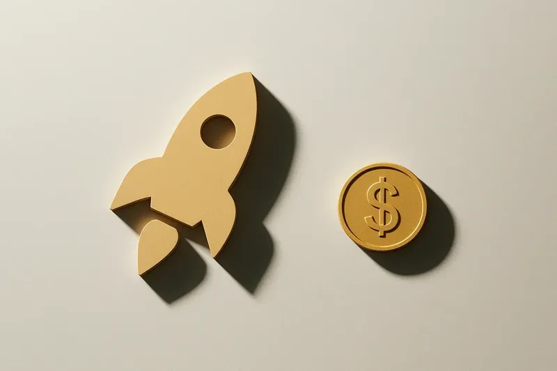 Minimalist rocket icon with gold coin on white background