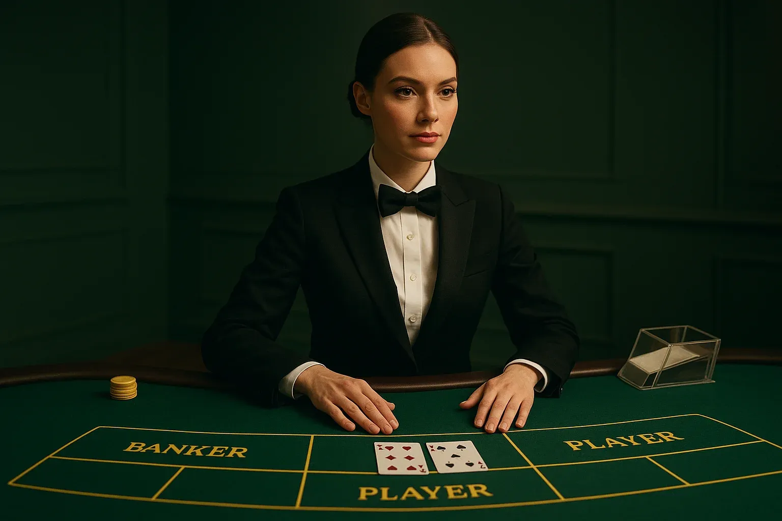 Professional female dealer at elegant live baccarat table in casino