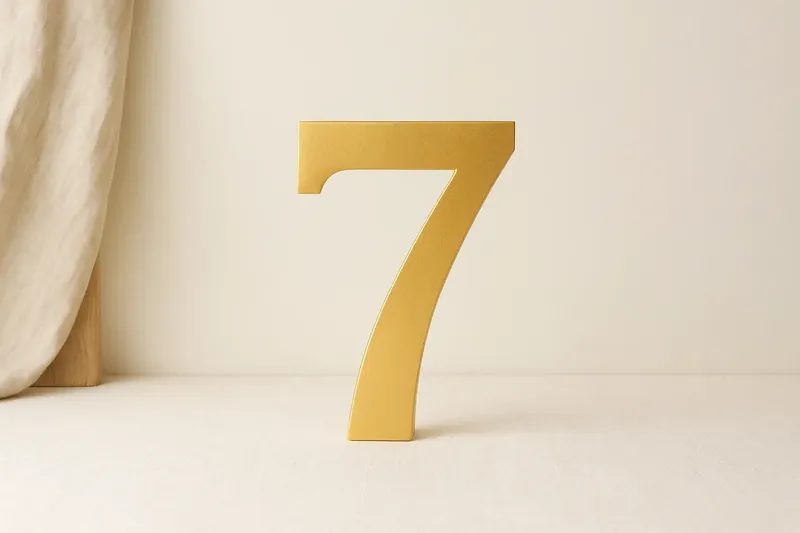 Single large golden seven symbol on cream background with soft shadow