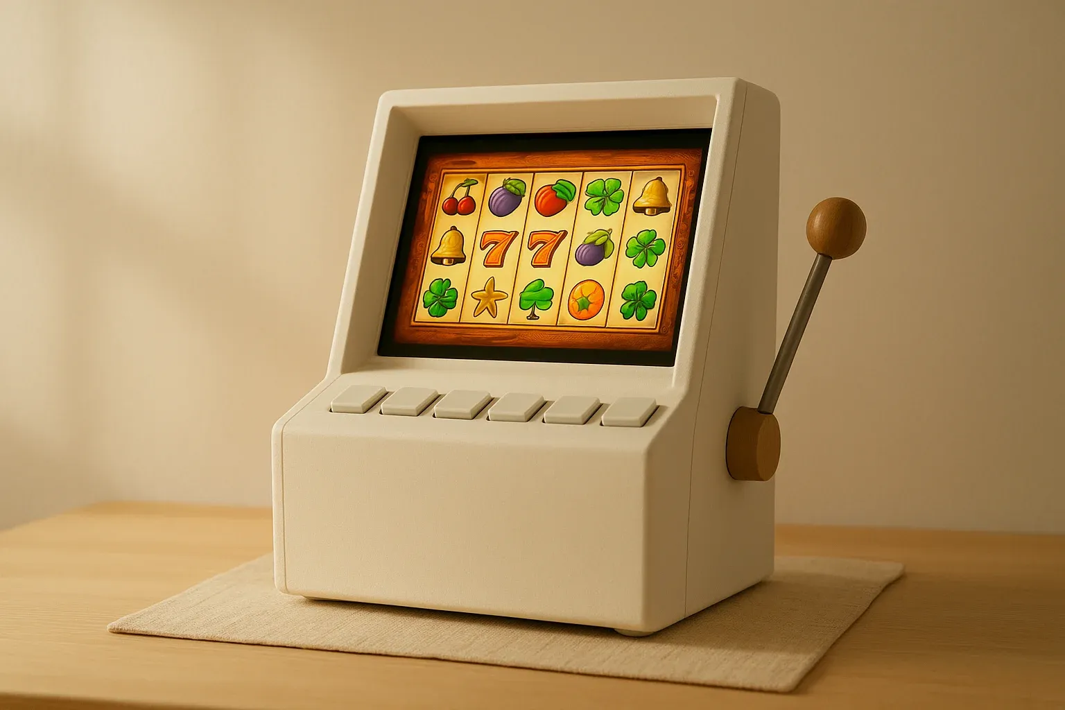 White studio shot of angled slot machine with vibrant game screen